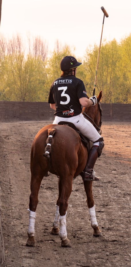 Polo Player number 3 riding his brown Polo Horse during a Polo Match